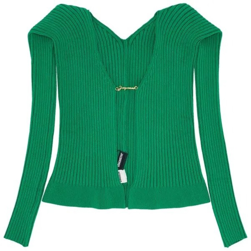 Jacquemus La Maille Pralu Dark Green Ribbed Knit Logo Cardigan Size 32 EU Womens